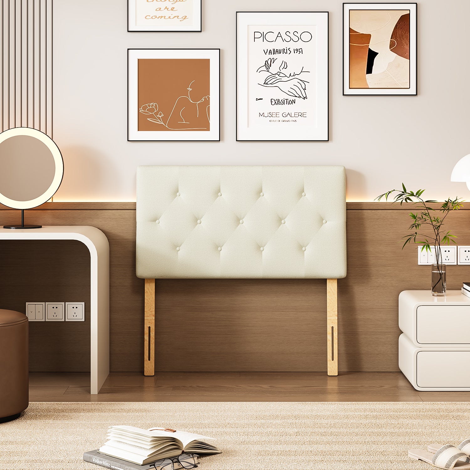 Cabecera de Cama Twin Tapizada con Altura Ajustable Patas de Madera Acolchada (Beige)