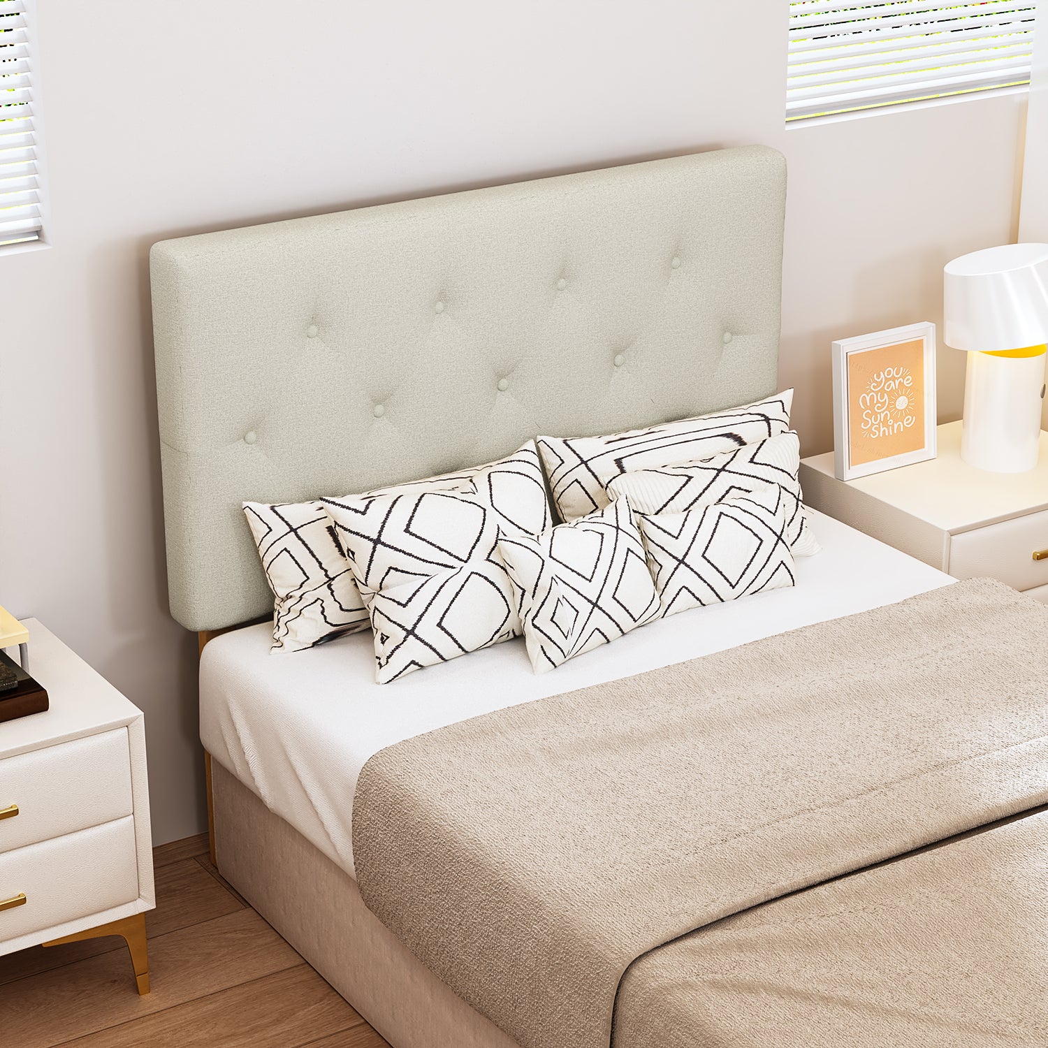 Cabecera de Cama Twin Tapizada con Altura Ajustable Patas de Madera Acolchada (Beige)
