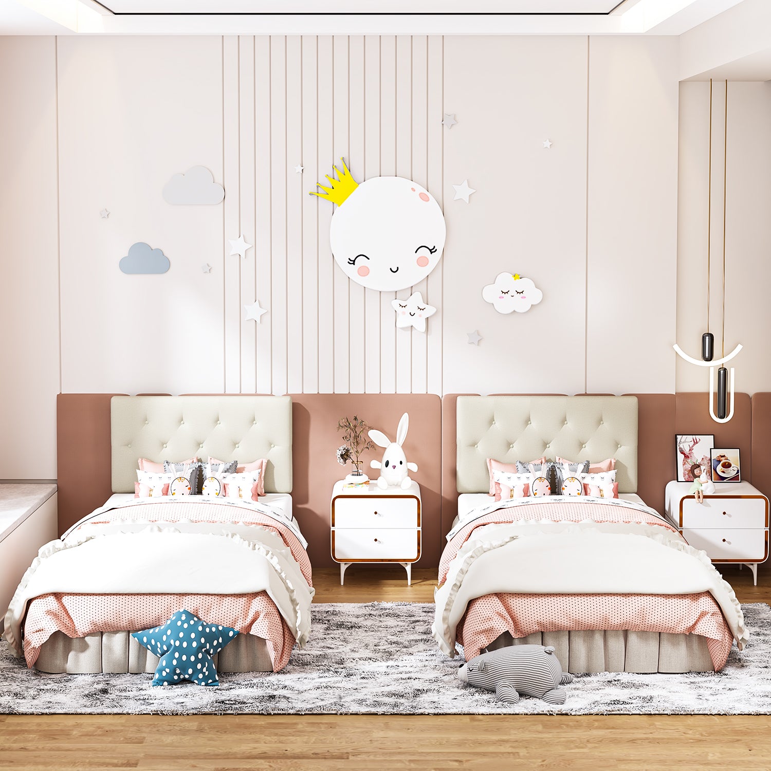 Cabecera de Cama Twin Tapizada con Altura Ajustable Patas de Madera Acolchada (Beige)