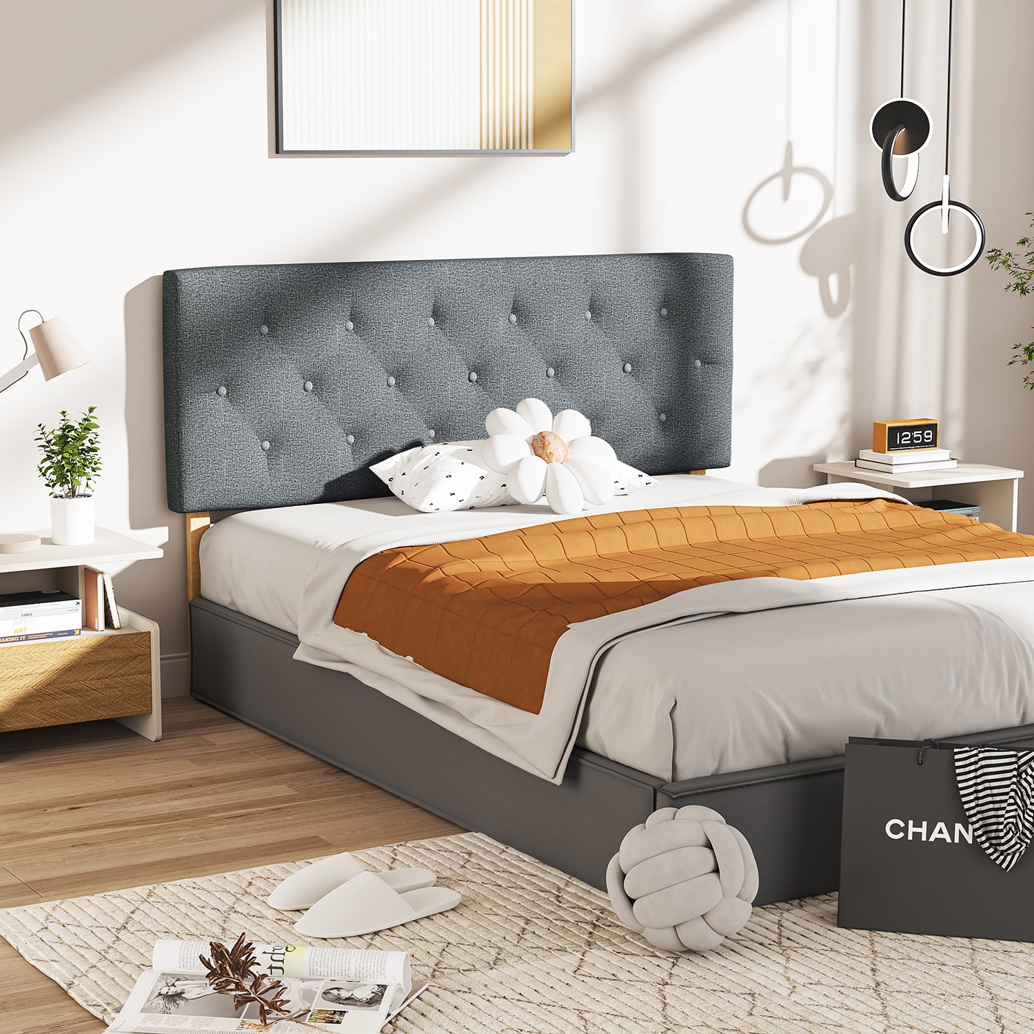 Cabecera de Cama Queen Tapizada con Altura Ajustable Patas de Madera Acolchada (Gris)