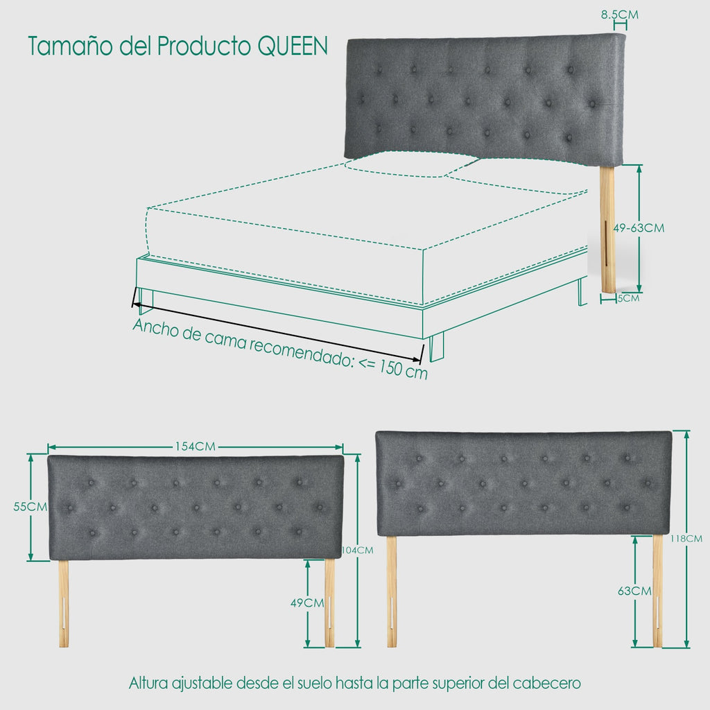 Cabecera de Cama Queen Tapizada con Altura Ajustable Patas de Madera Acolchada (Gris)