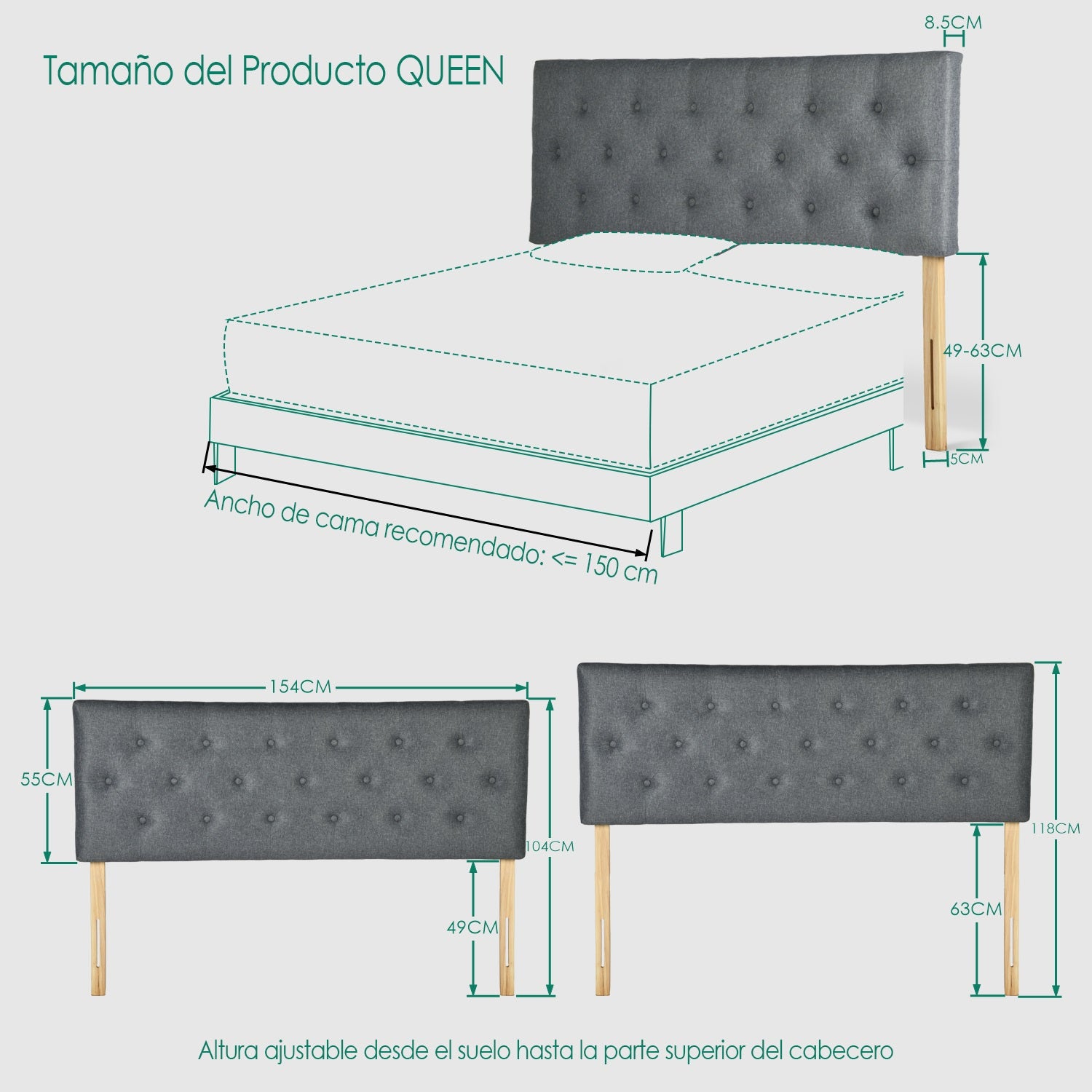 Cabecera de Cama Queen Tapizada con Altura Ajustable Patas de Madera Acolchada (Gris)