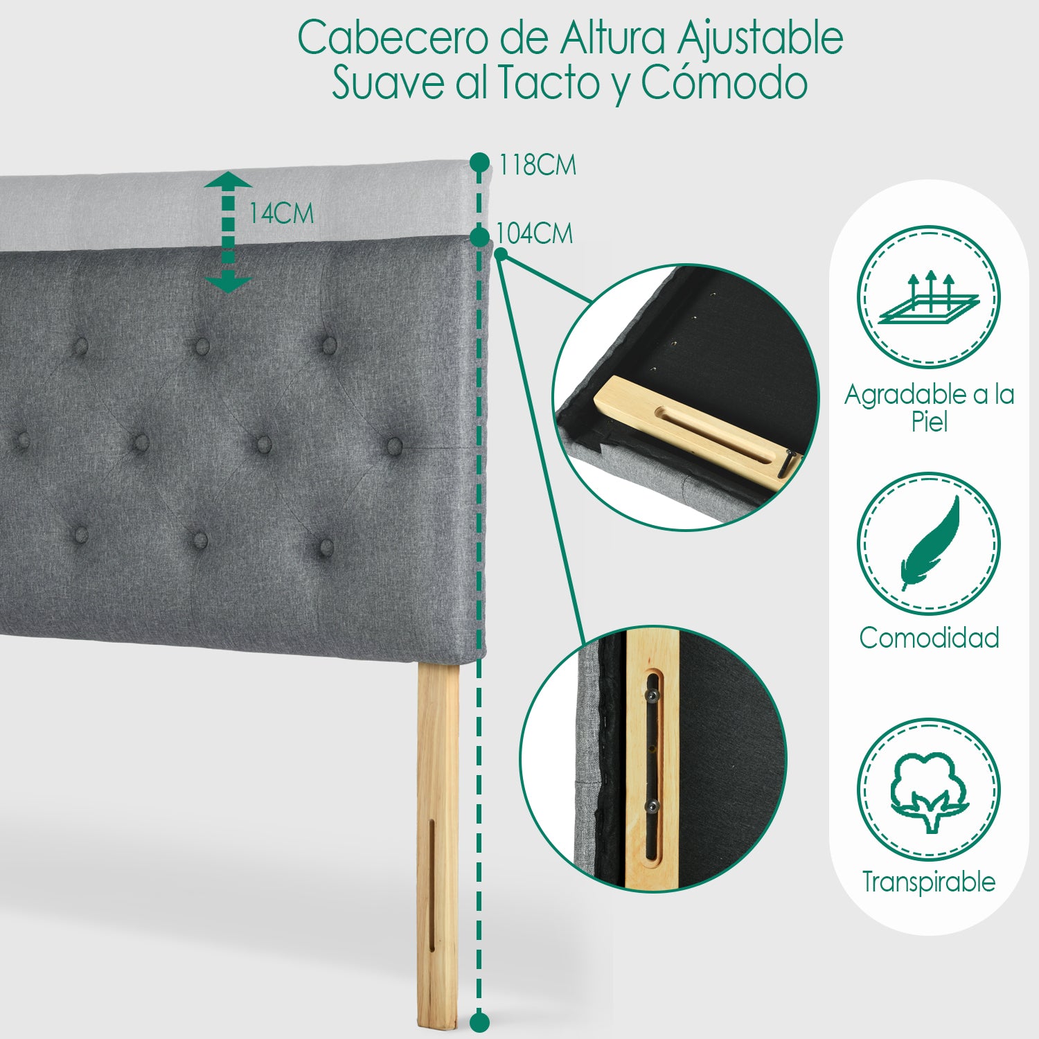 Cabecera de Cama Queen Tapizada con Altura Ajustable Patas de Madera Acolchada (Gris)