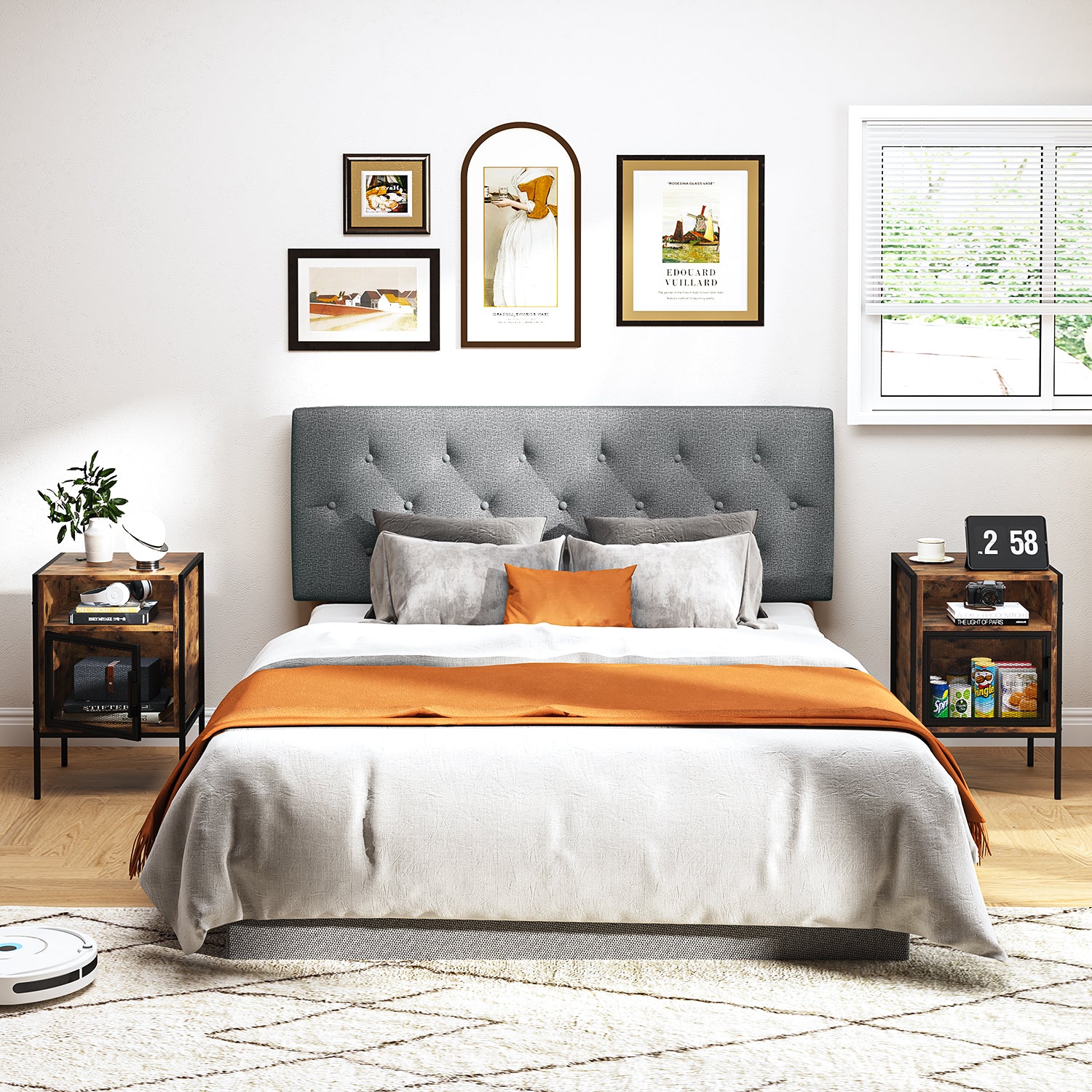 Cabecera de Cama Queen Tapizada con Altura Ajustable Patas de Madera Acolchada (Gris)
