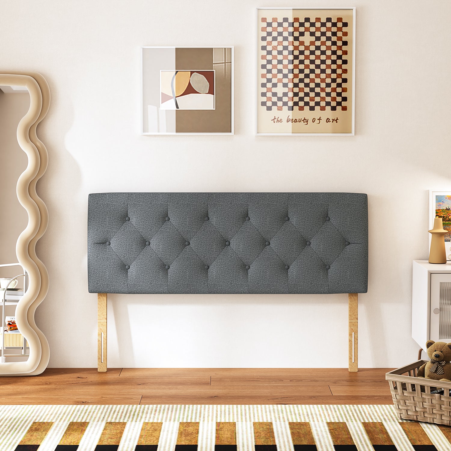 Cabecera de Cama Queen Tapizada con Altura Ajustable Patas de Madera Acolchada (Gris)