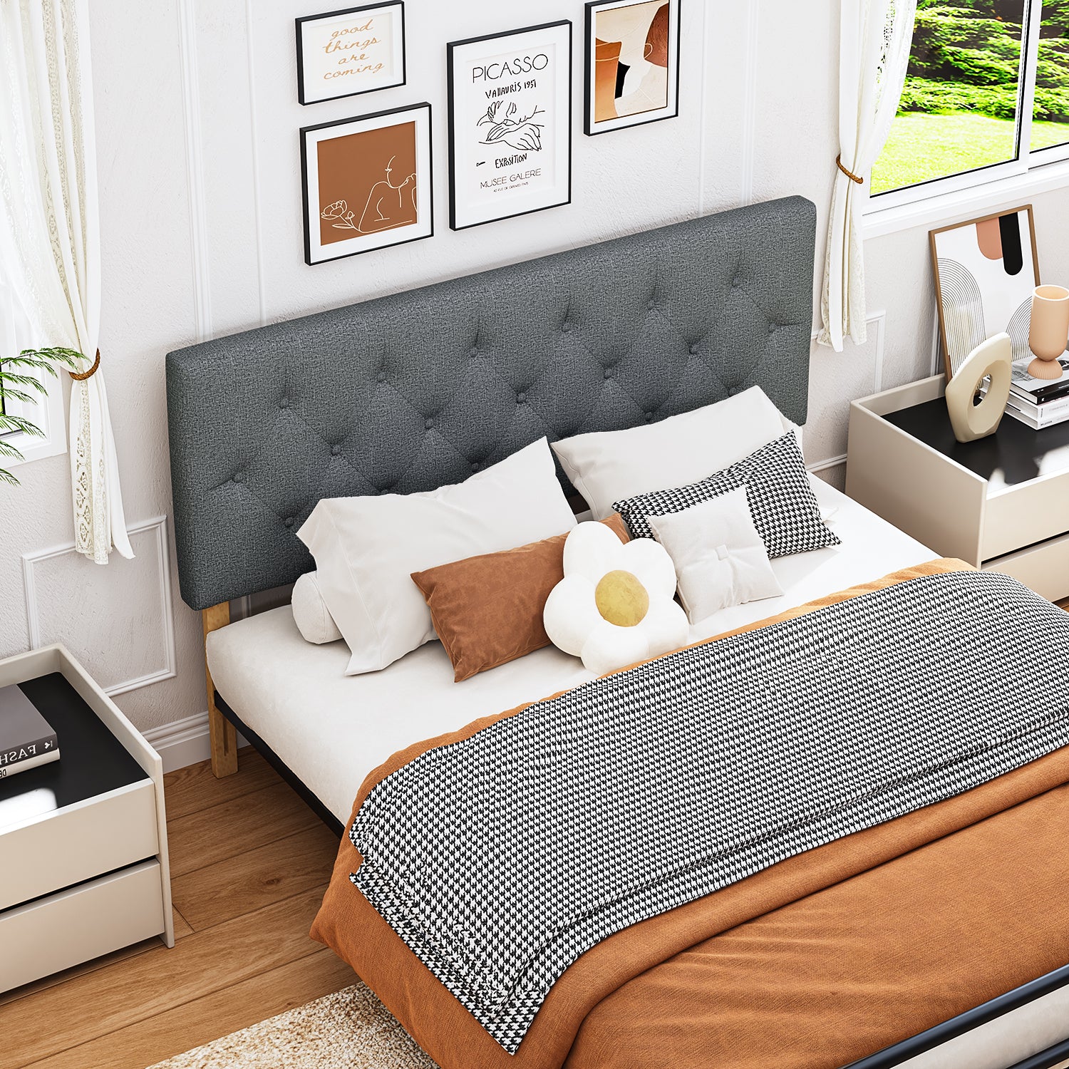 Cabecera de Cama Queen Tapizada con Altura Ajustable Patas de Madera Acolchada (Gris)