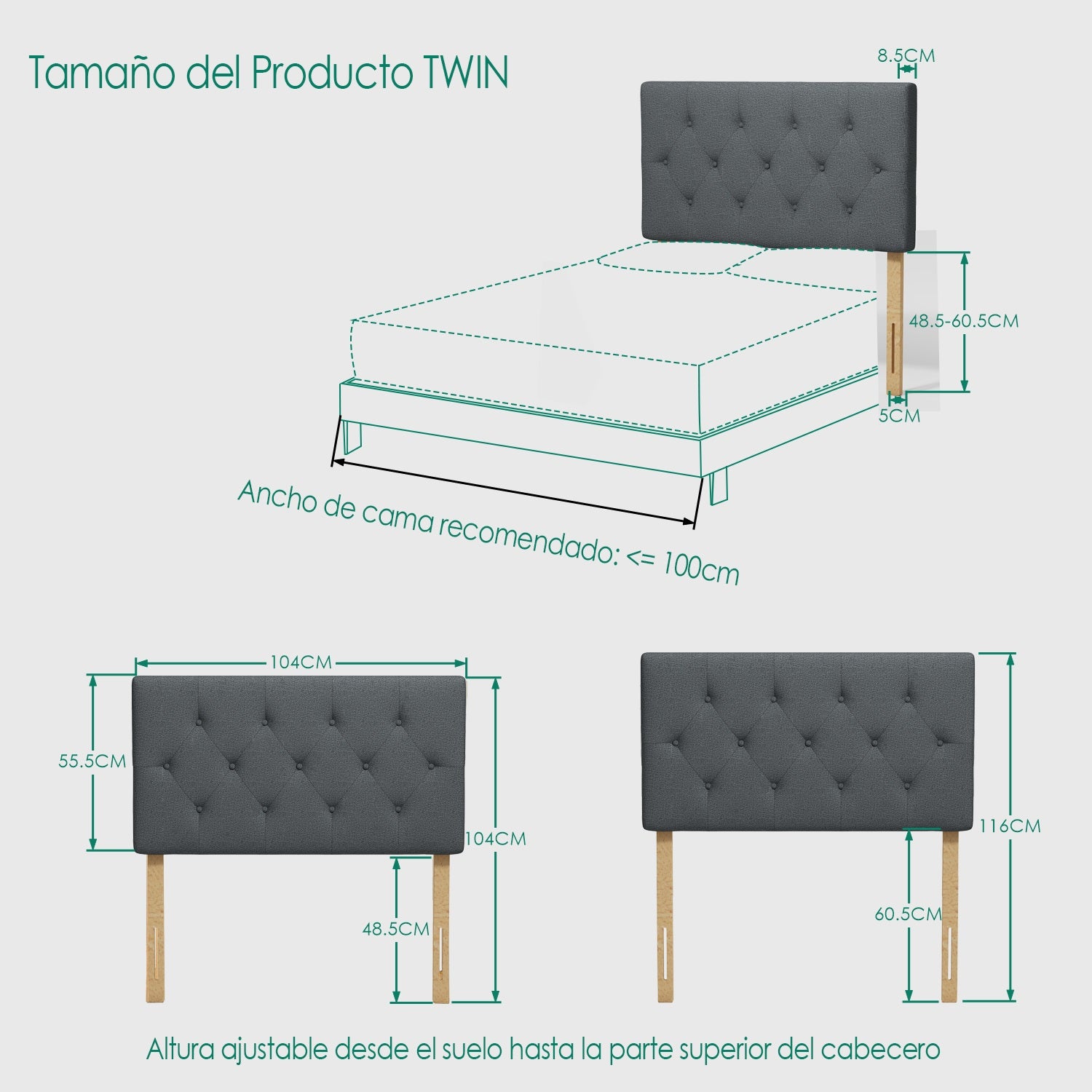 Cabecera de Cama Twin Tapizada con Altura Ajustable Patas de Madera Acolchada (Gris)
