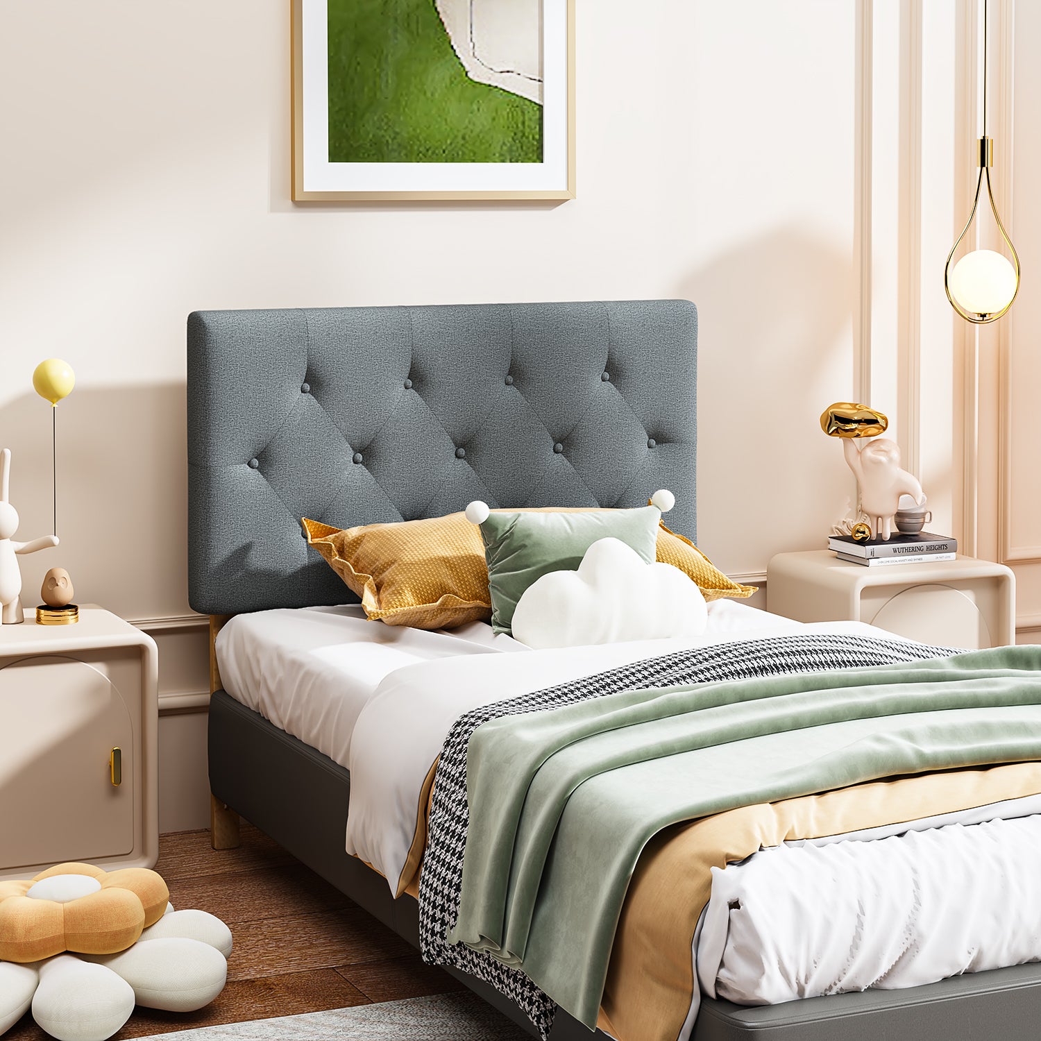 Cabecera de Cama Twin Tapizada con Altura Ajustable Patas de Madera Acolchada (Gris)