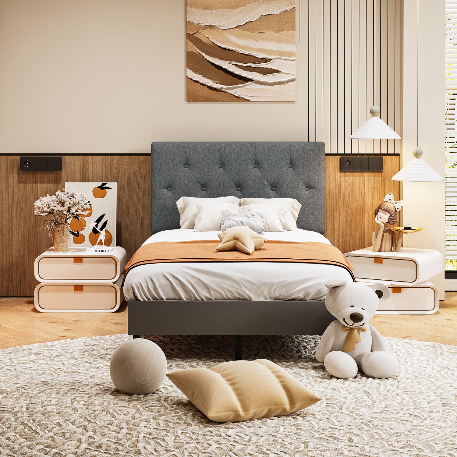 Cabecera de Cama Twin Tapizada con Altura Ajustable Patas de Madera Acolchada (Gris)