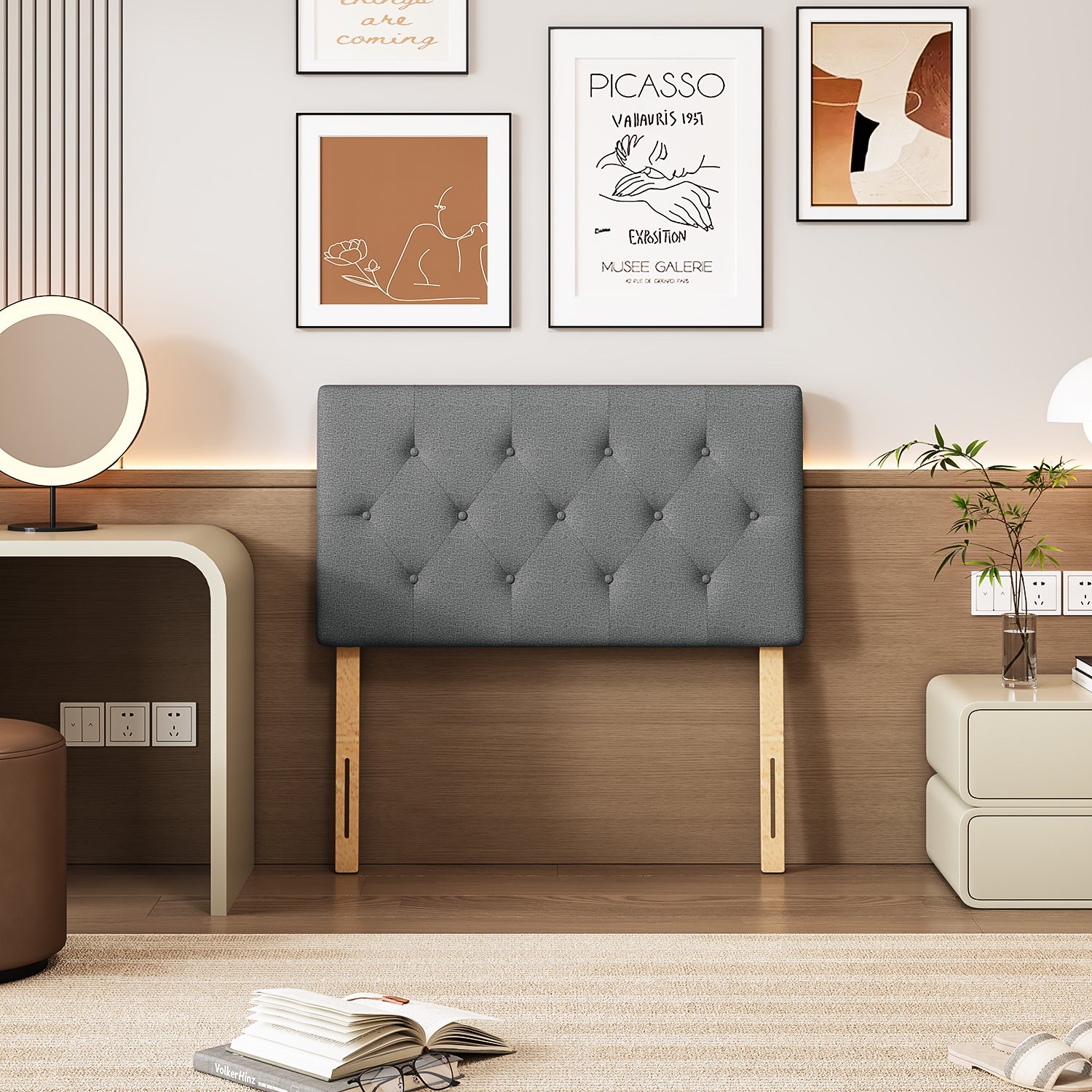 Cabecera de Cama Twin Tapizada con Altura Ajustable Patas de Madera Acolchada (Gris)