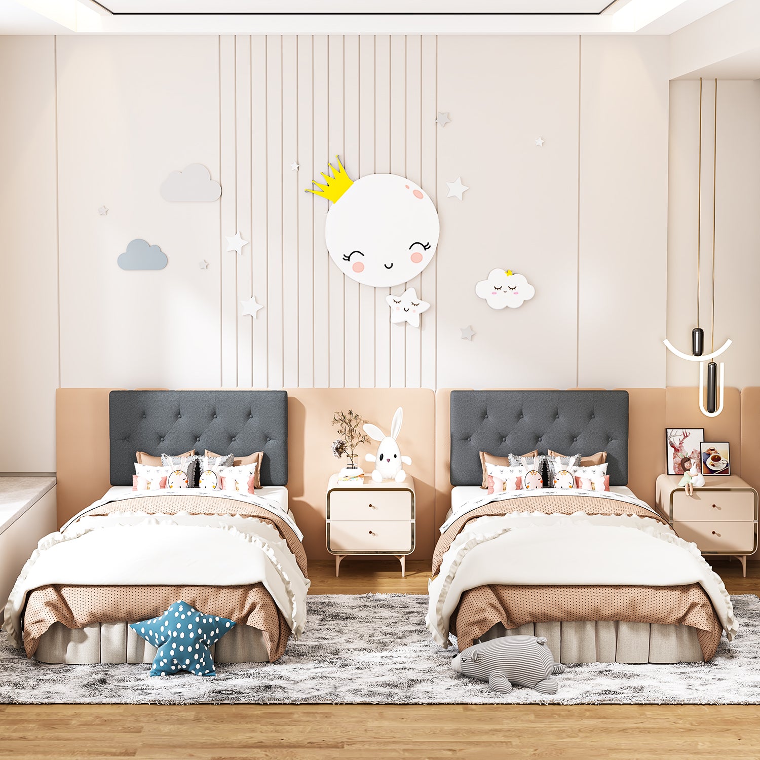 Cabecera de Cama Twin Tapizada con Altura Ajustable Patas de Madera Acolchada (Gris)