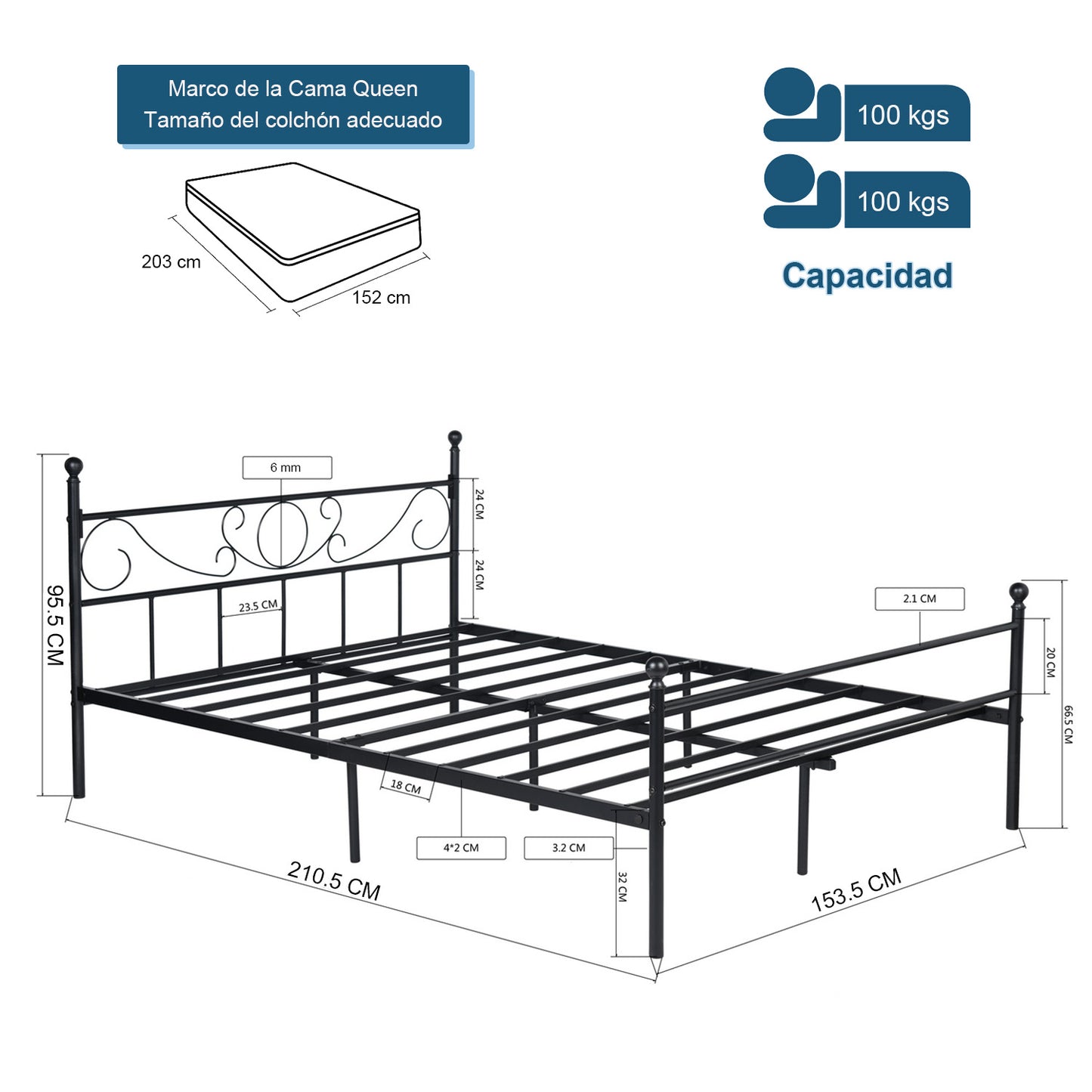Marco de Cama de Metal Base de Cama Negro No Necesita Somier Almacenamiento Debajo de la Cama Fácil de Montar Queen 210.5 x 153.5cm