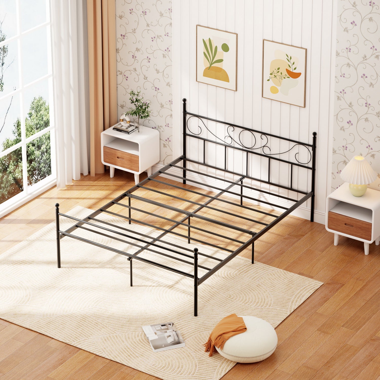 Marco de Cama de Metal Base de Cama Negro No Necesita Somier Almacenamiento Debajo de la Cama Fácil de Montar Queen 210.5 x 153.5cm