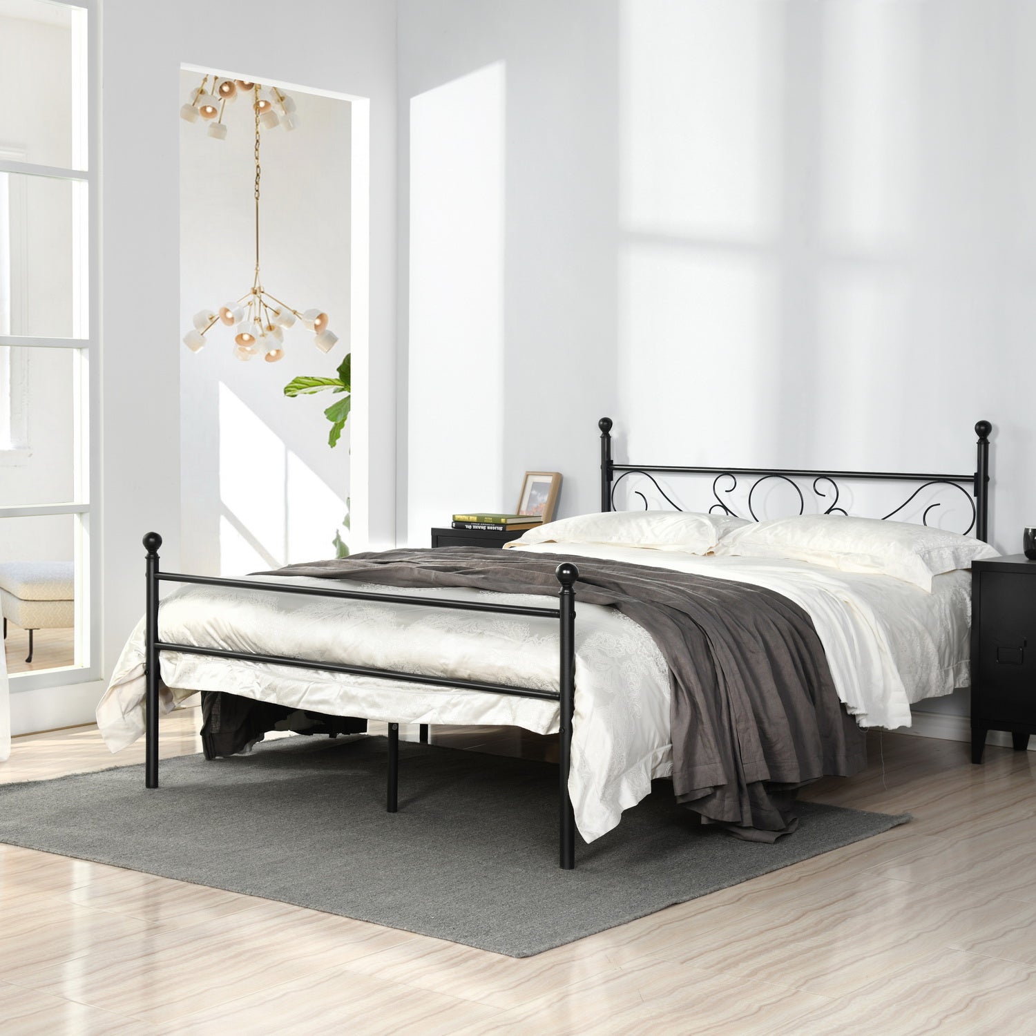 Marco de Cama de Metal Base de Cama Negro No Necesita Somier Almacenamiento Debajo de la Cama Fácil de Montar Queen 210.5 x 153.5cm