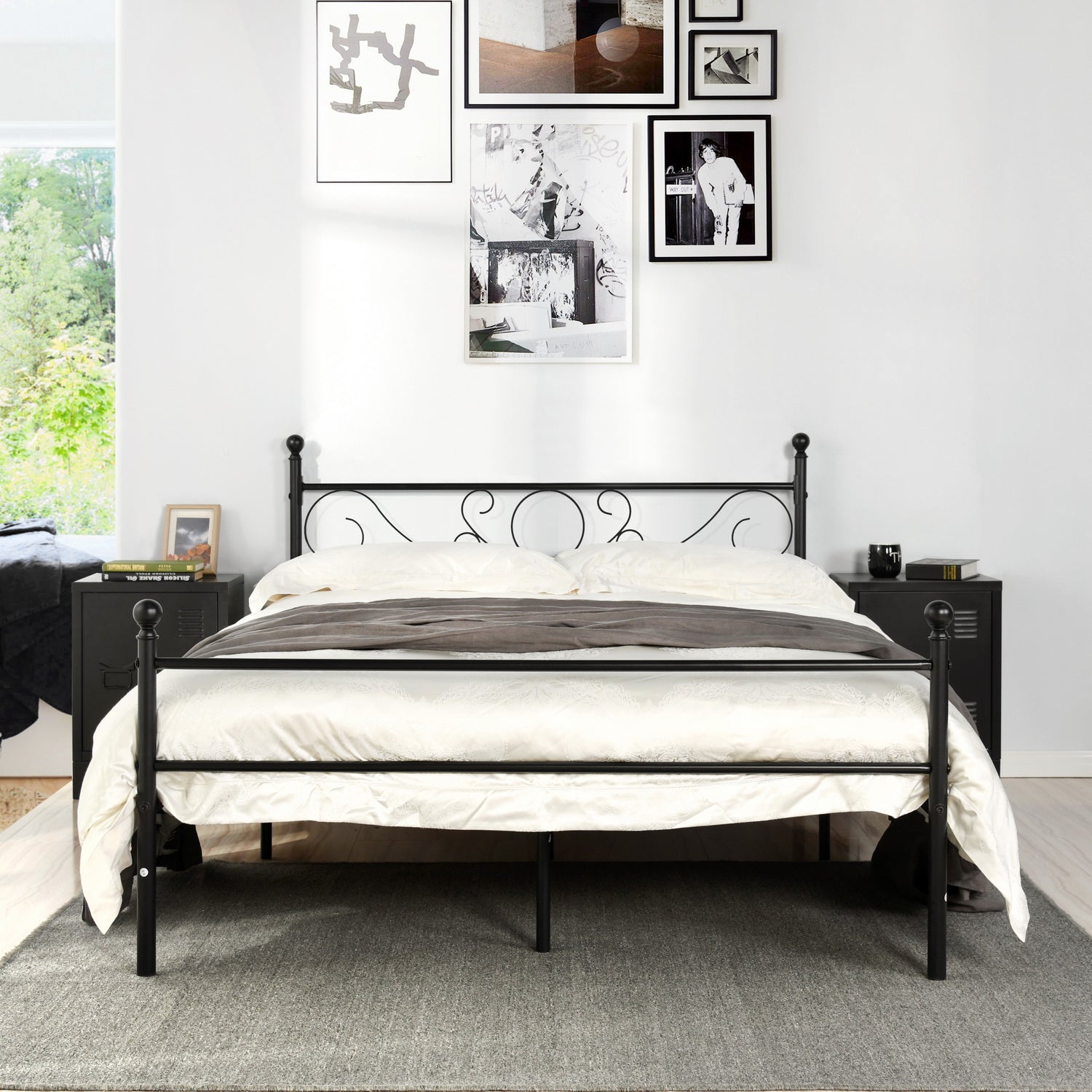 Marco de Cama de Metal Base de Cama Negro No Necesita Somier Almacenamiento Debajo de la Cama Fácil de Montar Queen 210.5 x 153.5cm