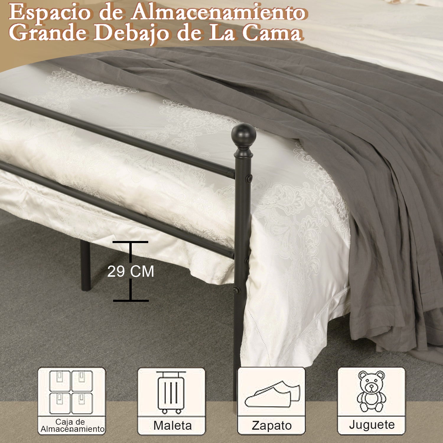 Marco de Cama de Metal Base de Cama Negro No Necesita Somier Almacenamiento Debajo de la Cama Fácil de Montar Queen 210.5 x 153.5cm