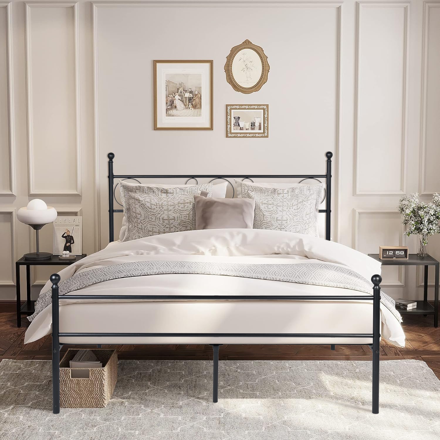 Marco de Cama de Metal Base de Cama Negro No Necesita Somier Almacenamiento Debajo de la Cama Fácil de Montar Queen 210.5 x 153.5cm