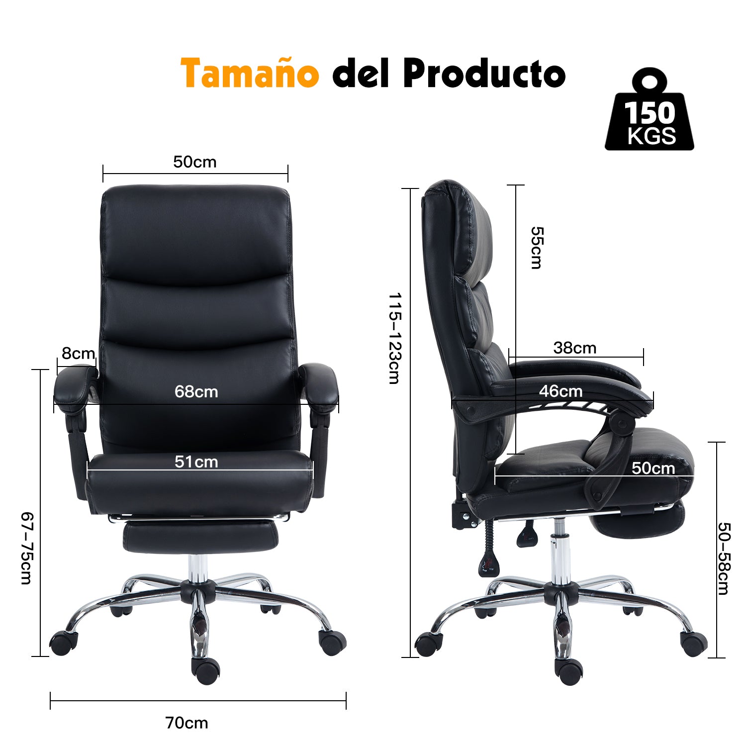 Silla de Oficina Ergonómica de Piel Sintética con Altura Ajustable y Inclinación Negro