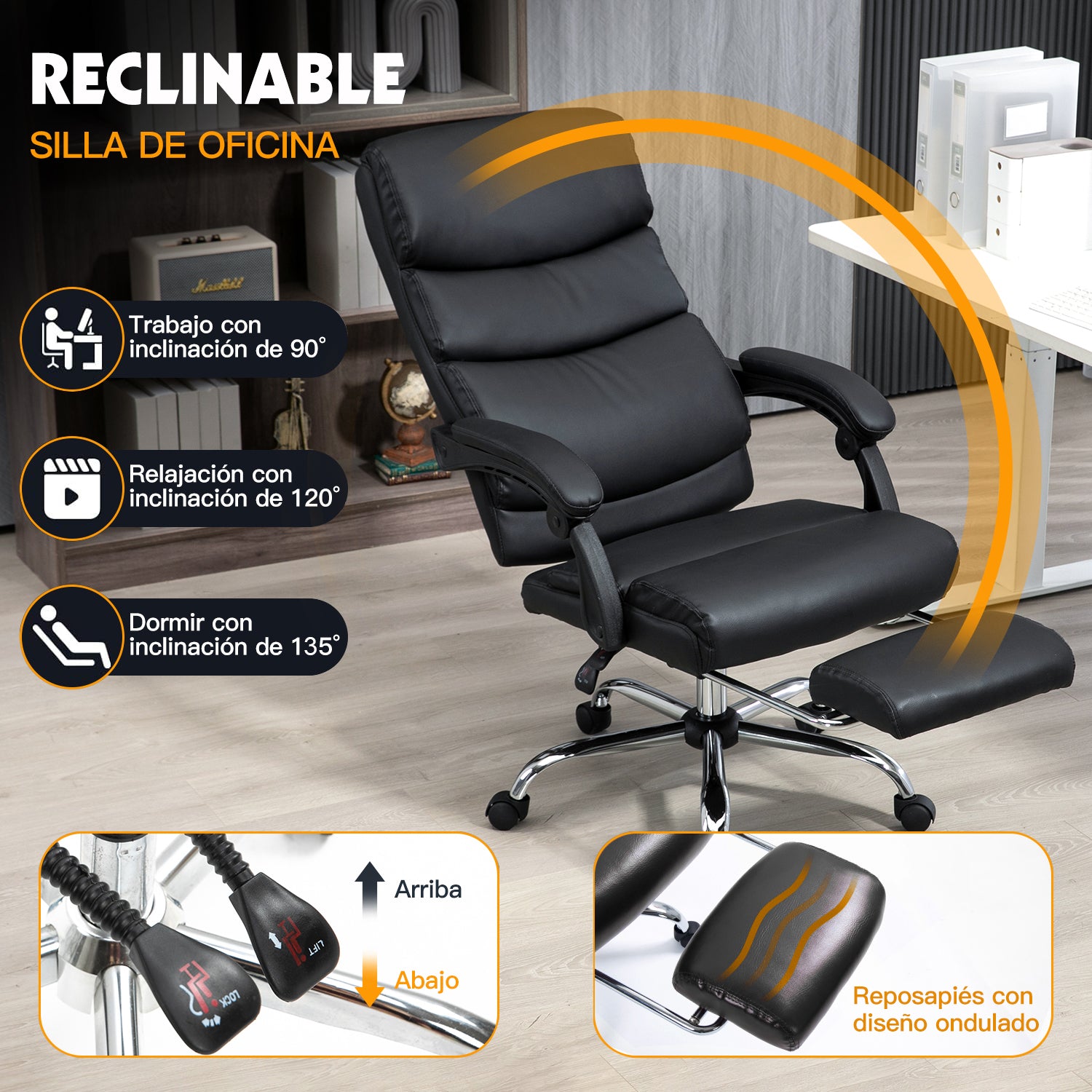 Silla de Oficina Ergonómica de Piel Sintética con Altura Ajustable y Inclinación Negro