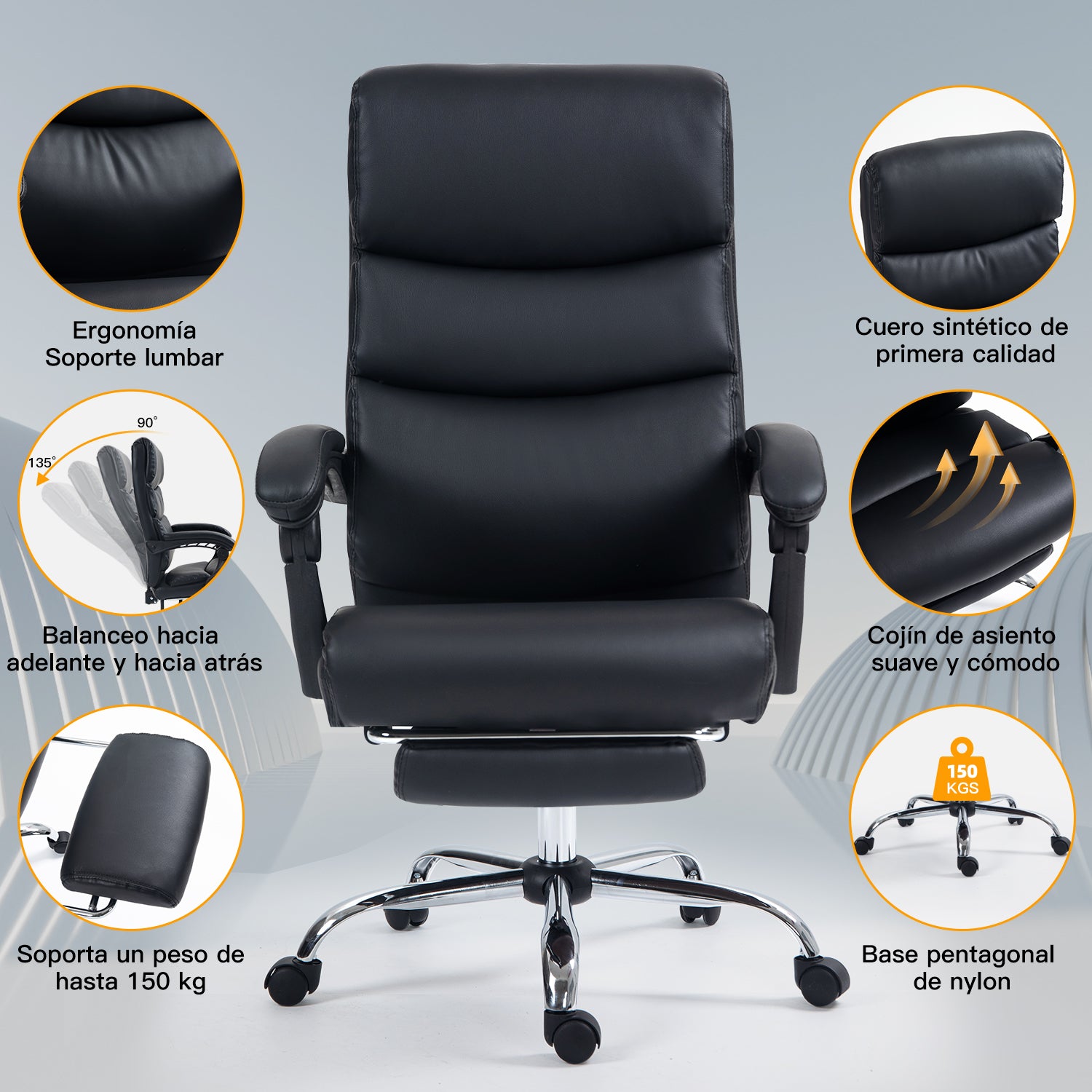 Silla de Oficina Ergonómica de Piel Sintética con Altura Ajustable y Inclinación Negro