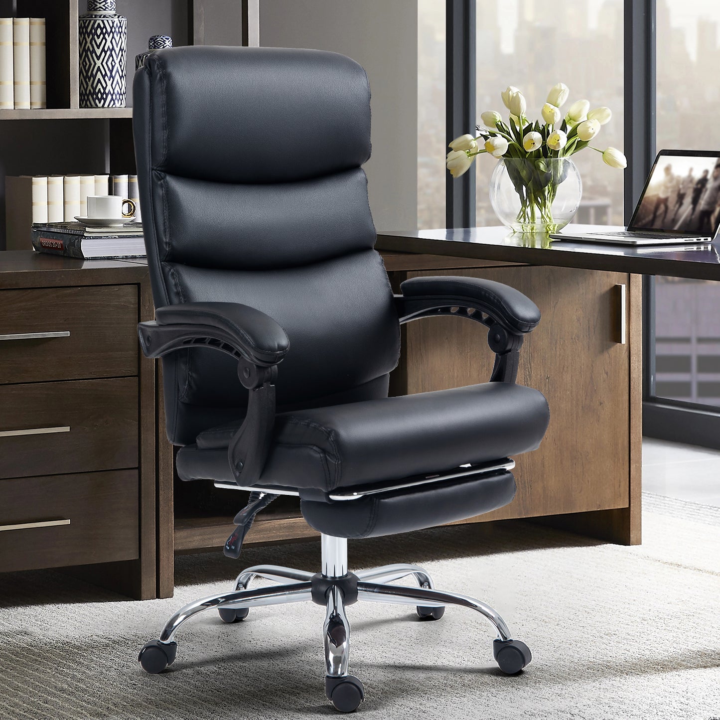 Silla de Oficina Ergonómica de Piel Sintética con Altura Ajustable y Inclinación Negro