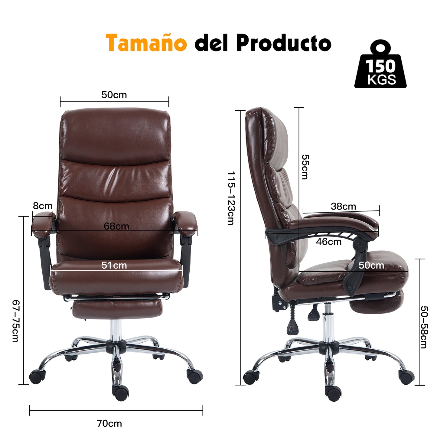 Silla de Oficina Ergonómica de Piel Sintética con Altura Ajustable y Inclinación Marrón