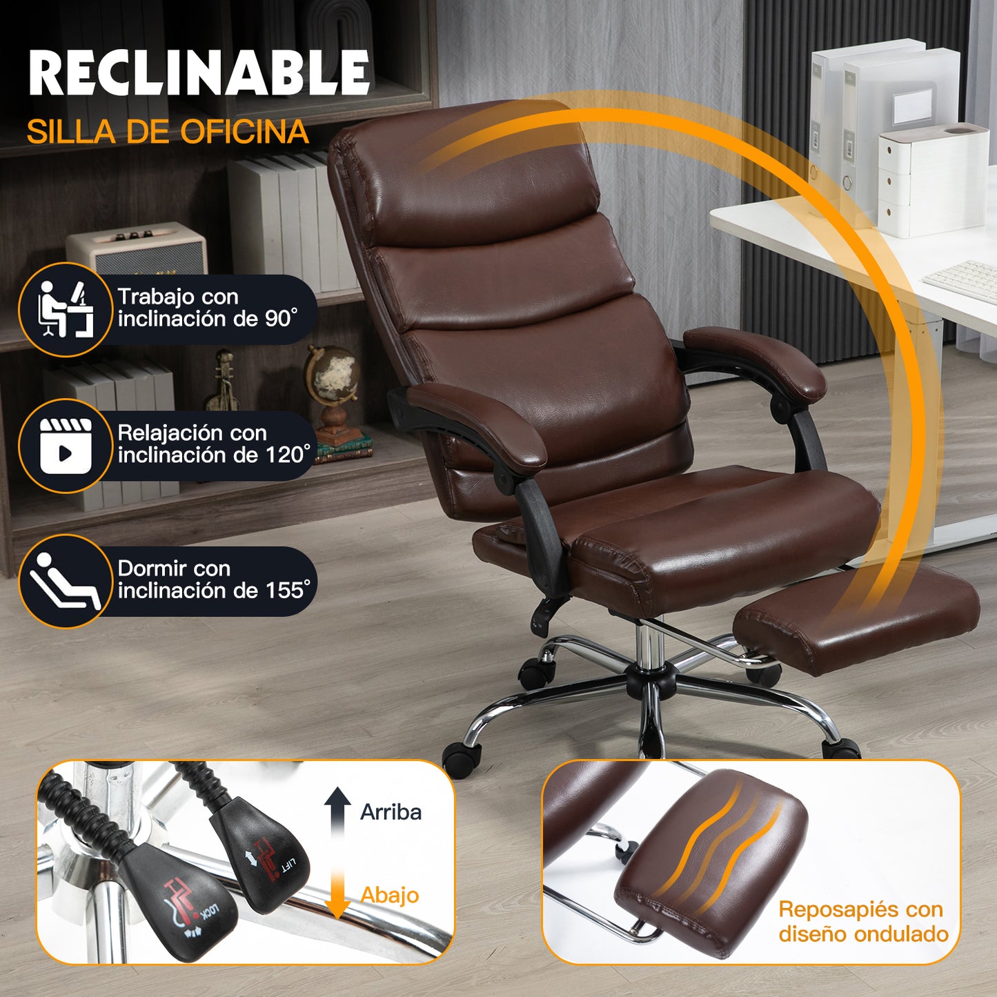 Silla de Oficina Ergonómica de Piel Sintética con Altura Ajustable y Inclinación Marrón