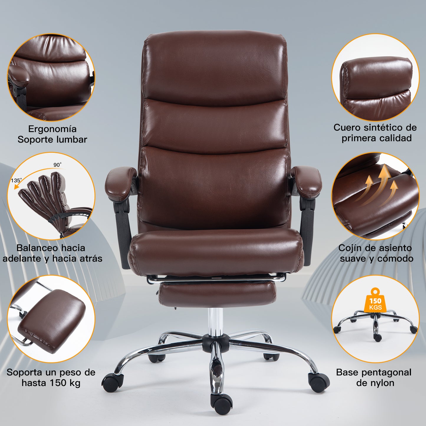 Silla de Oficina Ergonómica de Piel Sintética con Altura Ajustable y Inclinación Marrón