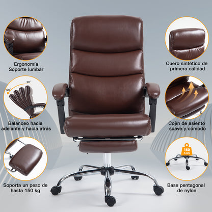 Silla de Oficina Ergonómica de Piel Sintética con Altura Ajustable y Inclinación Marrón