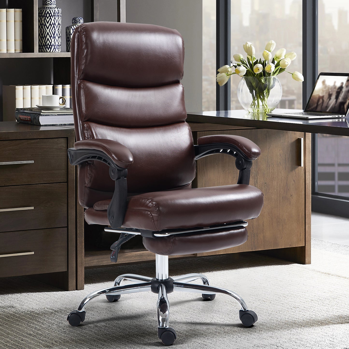 Silla de Oficina Ergonómica de Piel Sintética con Altura Ajustable y Inclinación Marrón
