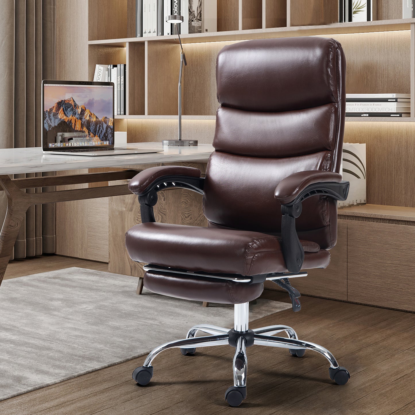 Silla de Oficina Ergonómica de Piel Sintética con Altura Ajustable y Inclinación Marrón