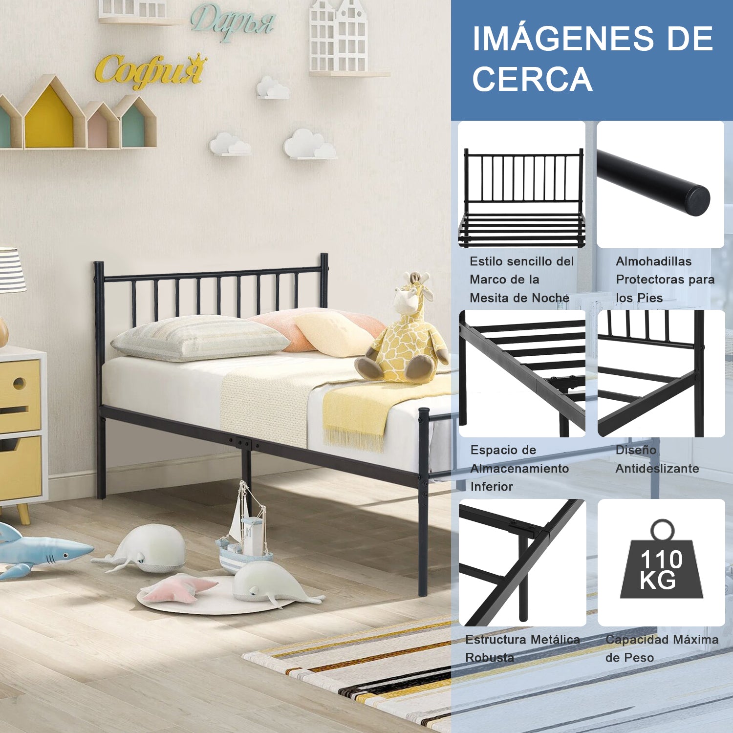 Cama Individual Moderna de Metal Sin Colchón 197 X 99 cm Negro