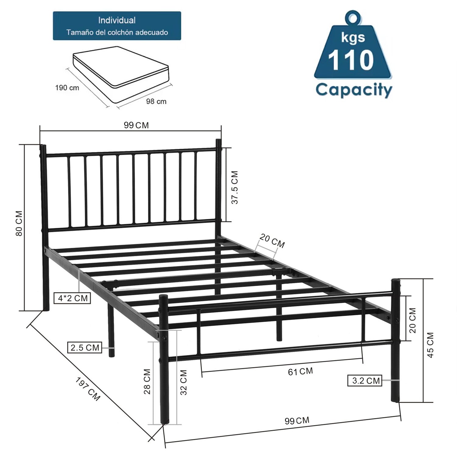 Cama Individual Moderna de Metal Sin Colchón 197 X 99 cm Negro