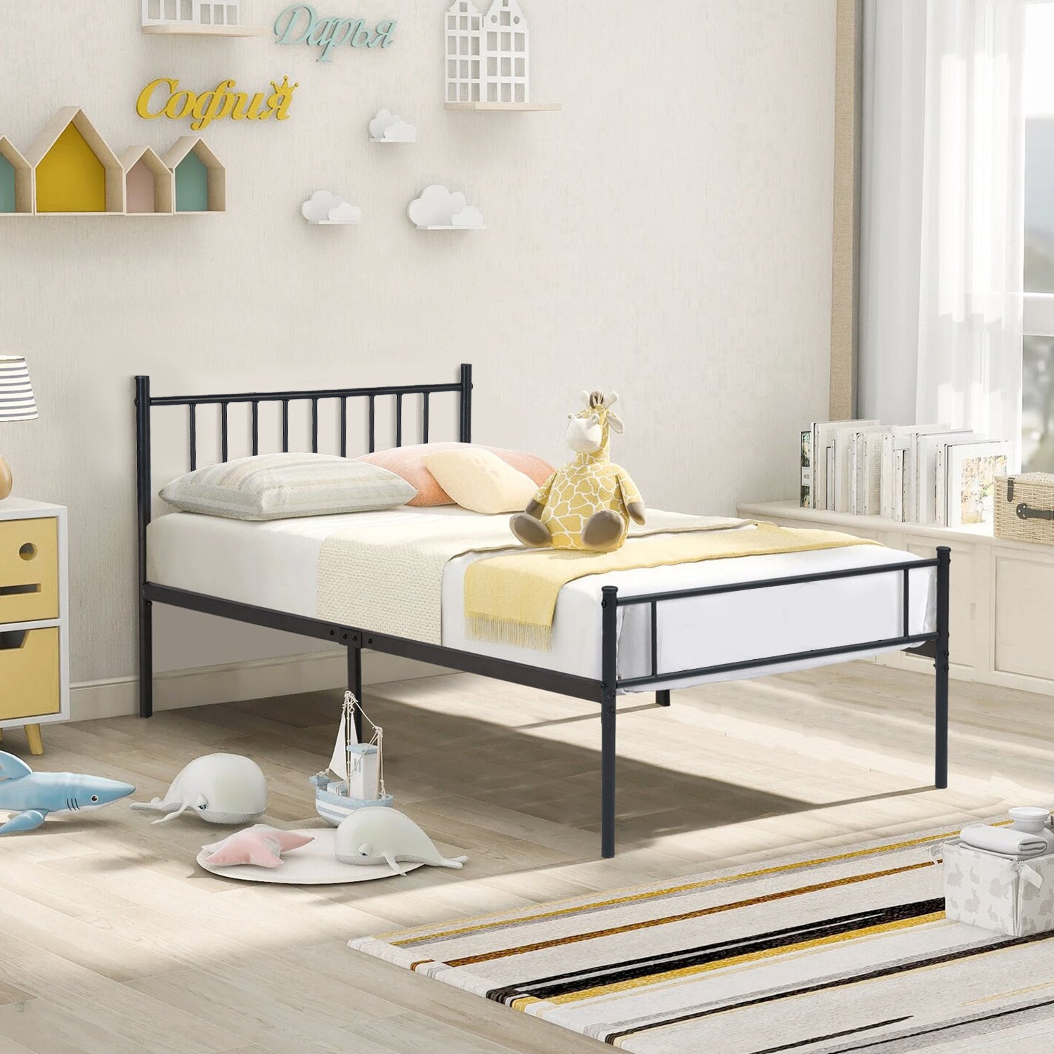 Cama Individual Moderna de Metal Sin Colchón 197 X 99 cm Negro