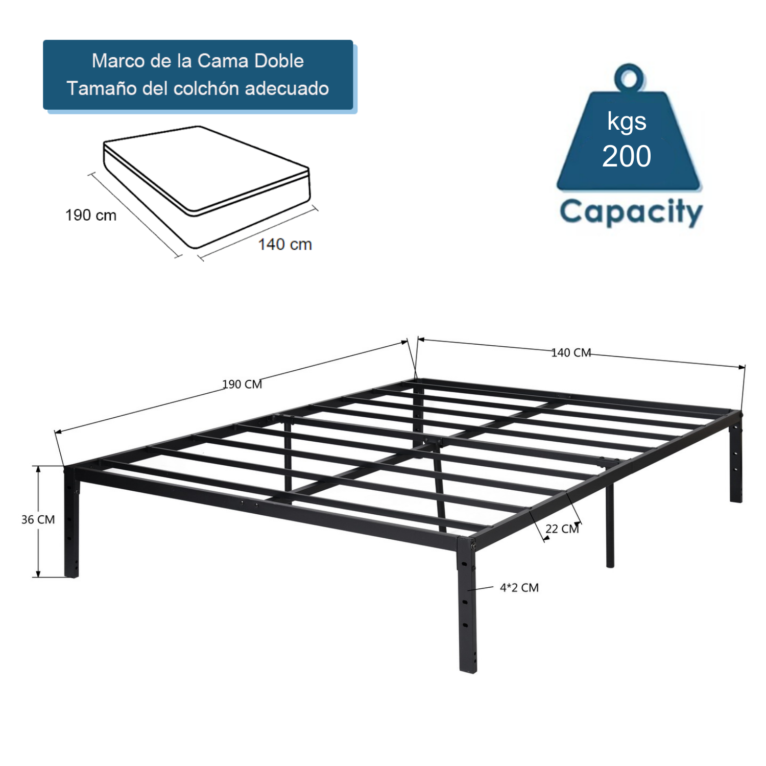 Cama de Matrimonio Fácil Montaje Somier de Metal Somier de Metal Sin Cabecero Somier Antideslizante 190 X 140 cm