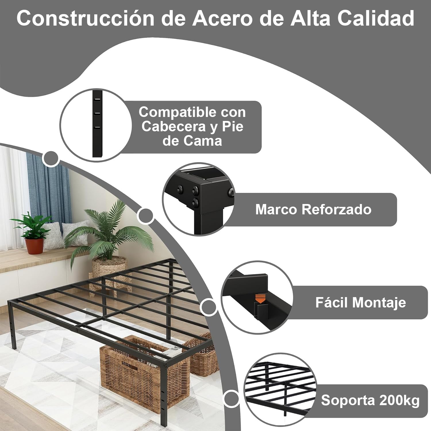 Estructura de Cama de Metal Tamaño Queen Sin Colchón 207 x 152 cm Negro