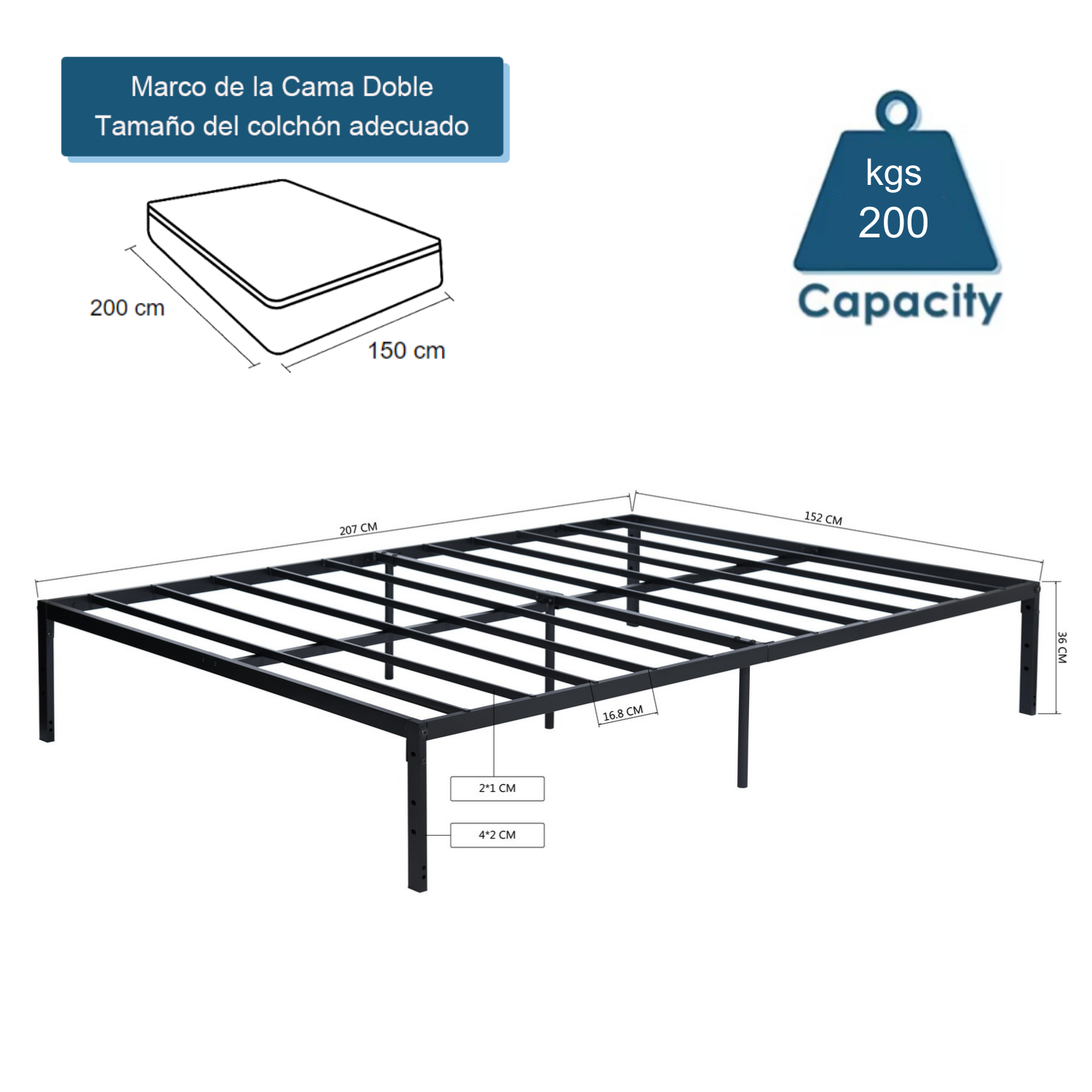 Estructura de Cama de Metal Tamaño Queen Sin Colchón 207 x 152 cm Negro