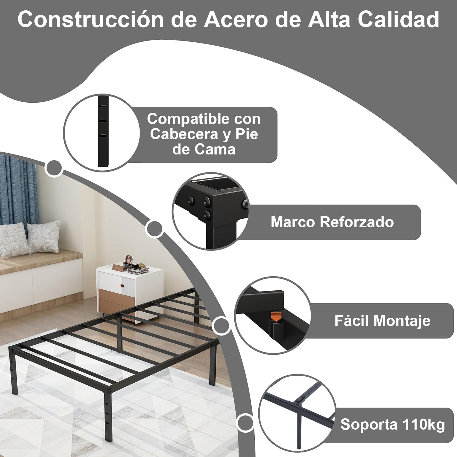 Estructura de Cama Individual de Metal sin Colchón Negro 194x98 cm