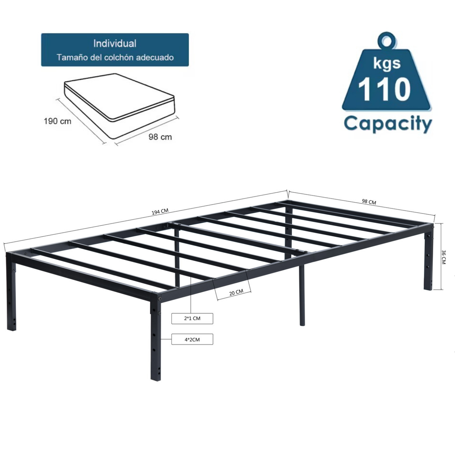 Estructura de Cama Individual de Metal sin Colchón Negro 194x98 cm