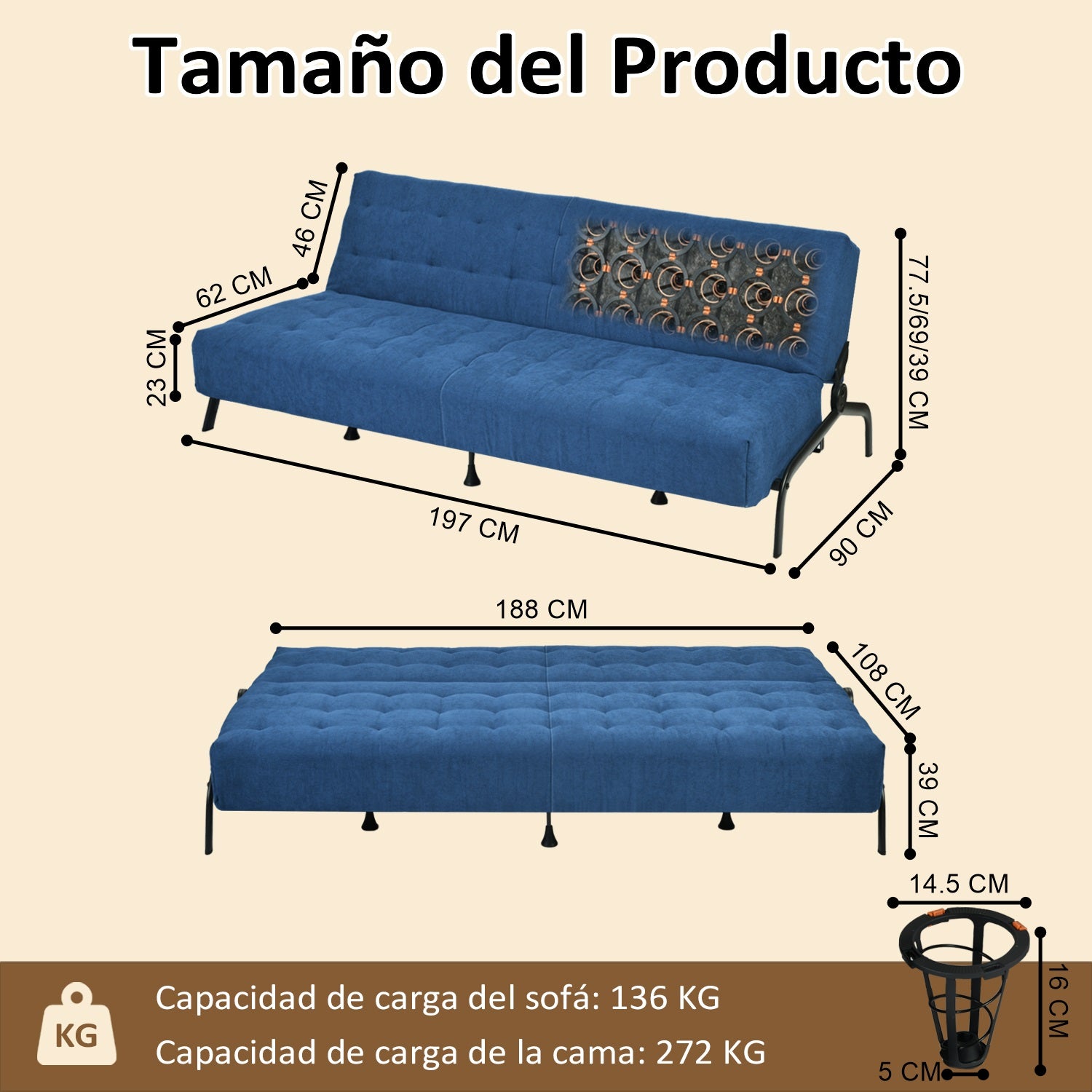 Sofá Cama Moderno con Muelles (Azul)