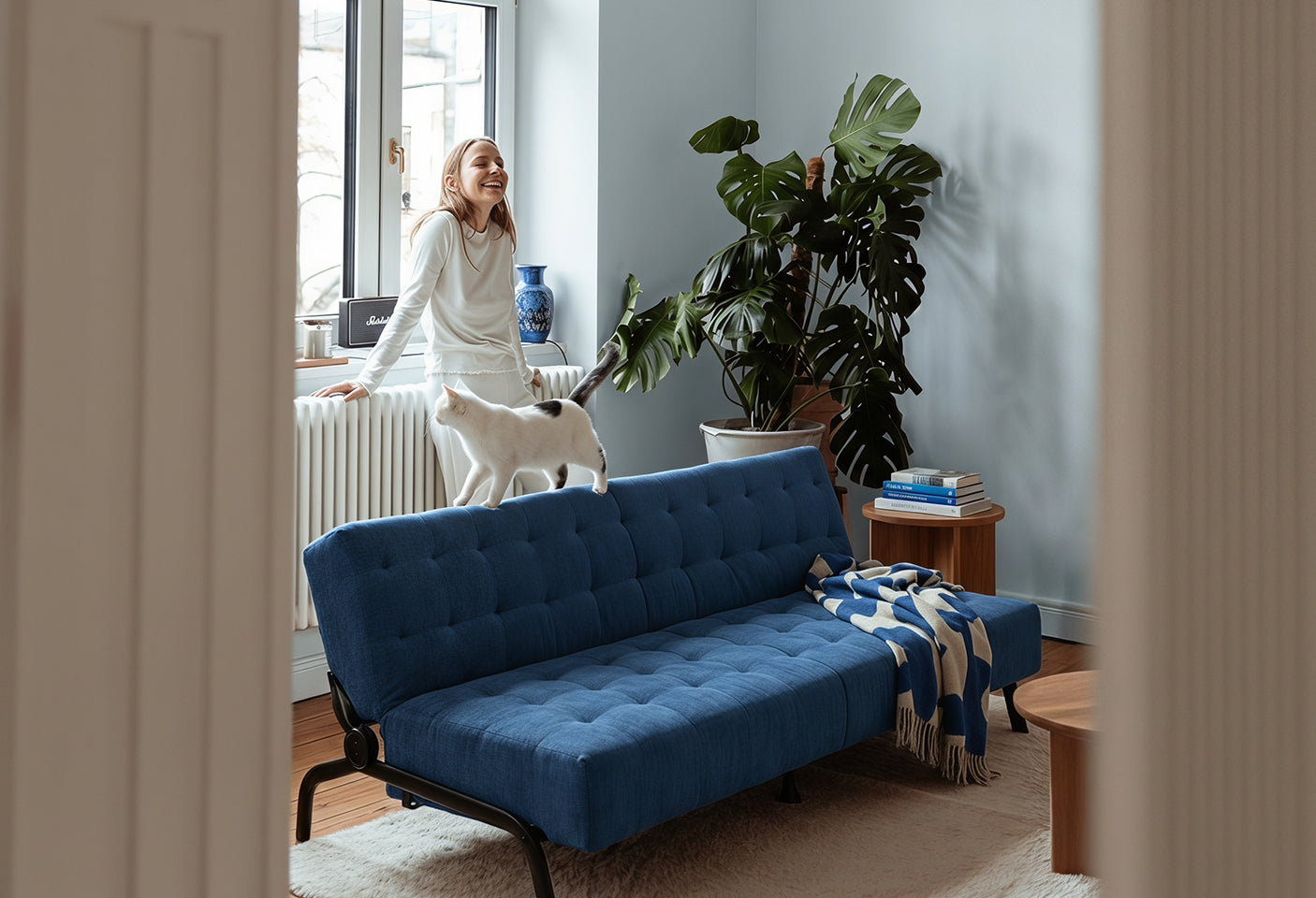 Sofá Cama Moderno con Muelles (Azul)