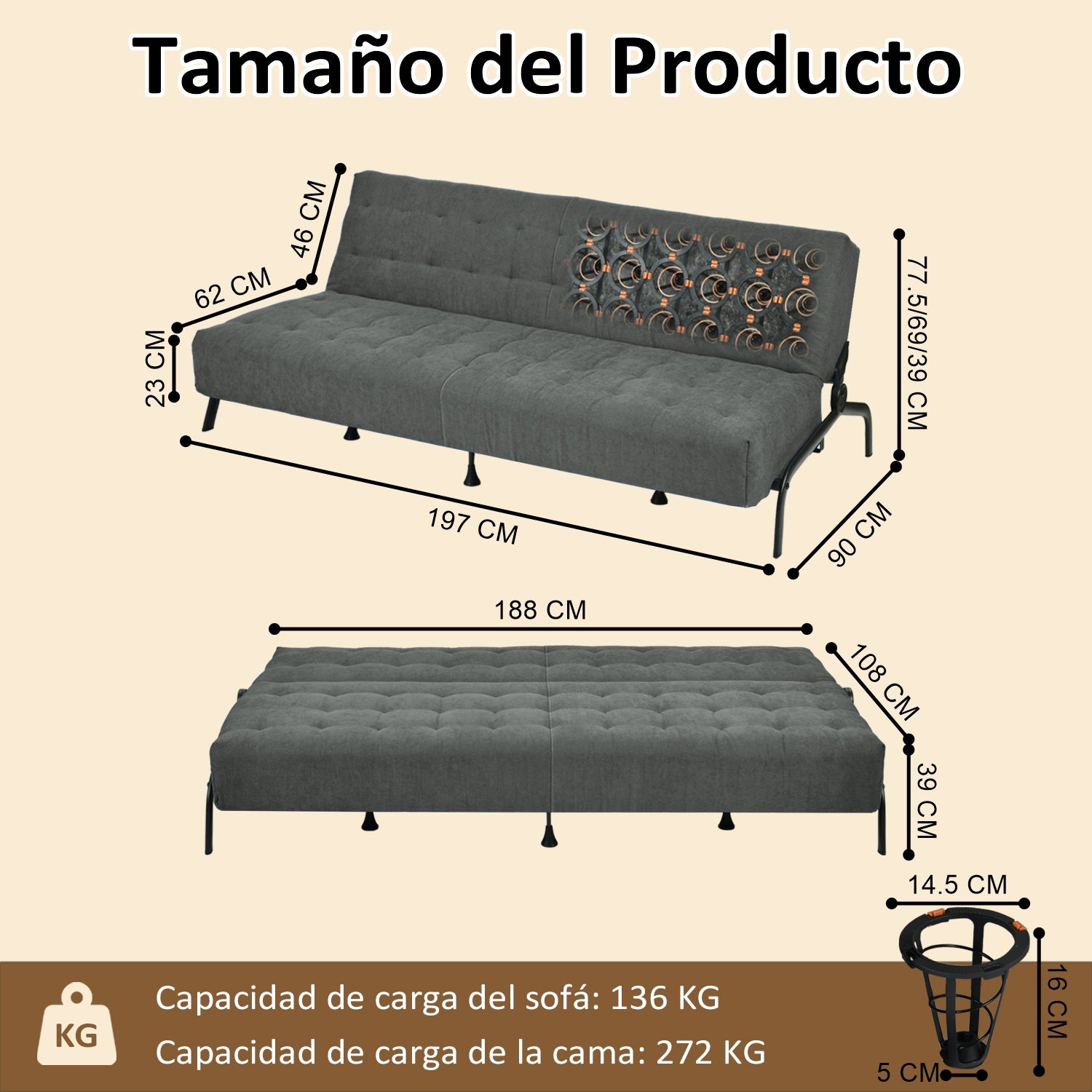 Sofá Cama Moderno con Muelles (Gris)
