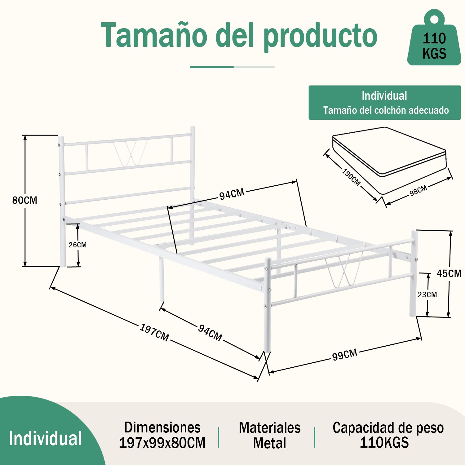 Cama Individual Estructura de Metal 197 x 99 x 80 cm Capacidad de Carga 110 Kg (Blanco)