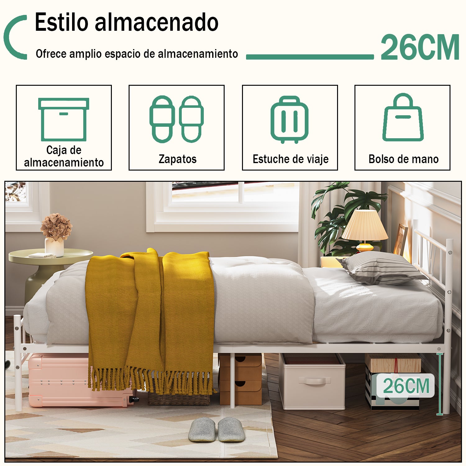 Cama Individual Estructura de Metal 197 x 99 x 80 cm Capacidad de Carga 110 Kg (Blanco)