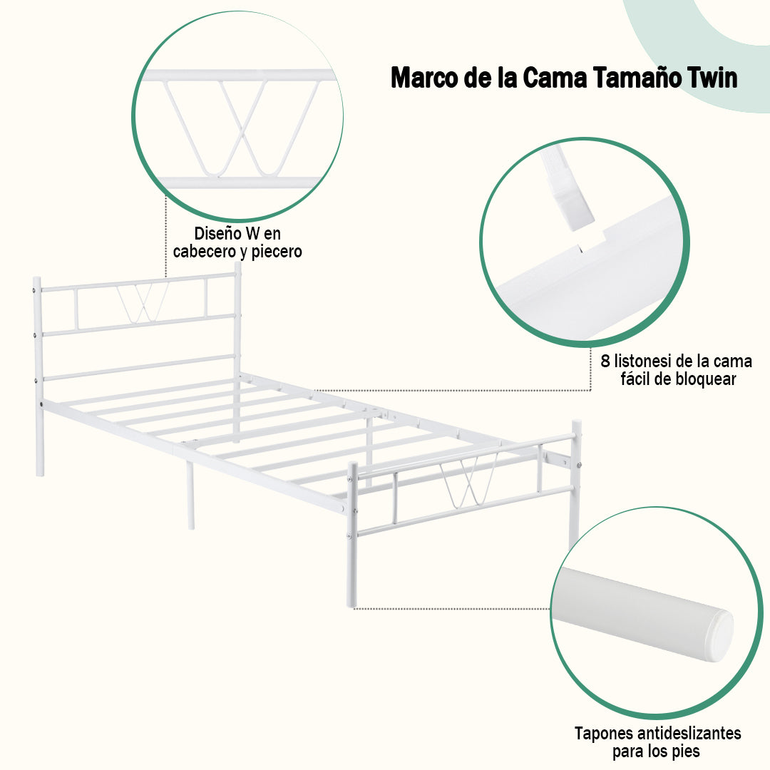 Cama Individual Estructura de Metal 197 x 99 x 80 cm Capacidad de Carga 110 Kg (Blanco)