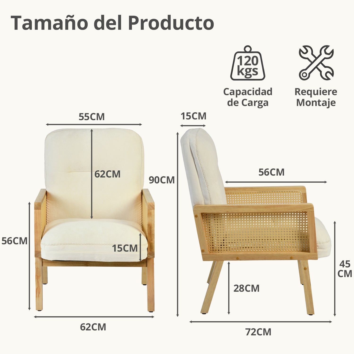 Sillón Individual Moderno con Ratán (Beige)