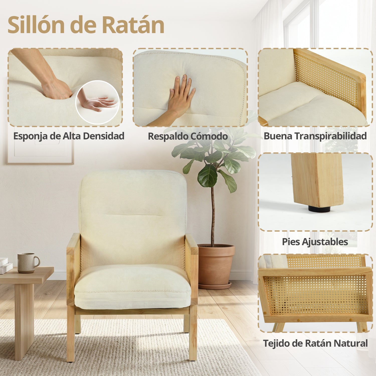 Sillón Individual Moderno con Ratán (Beige)