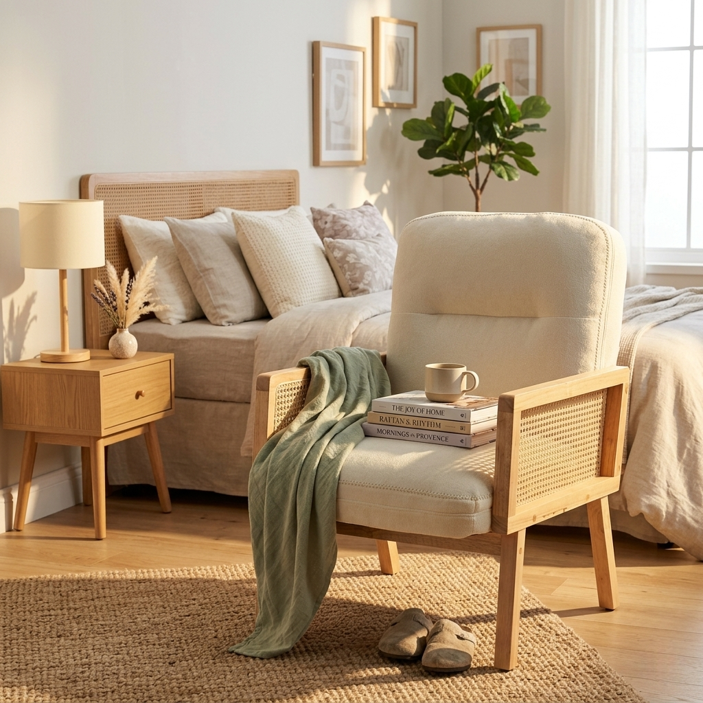Sillón Individual Moderno con Ratán (Beige)