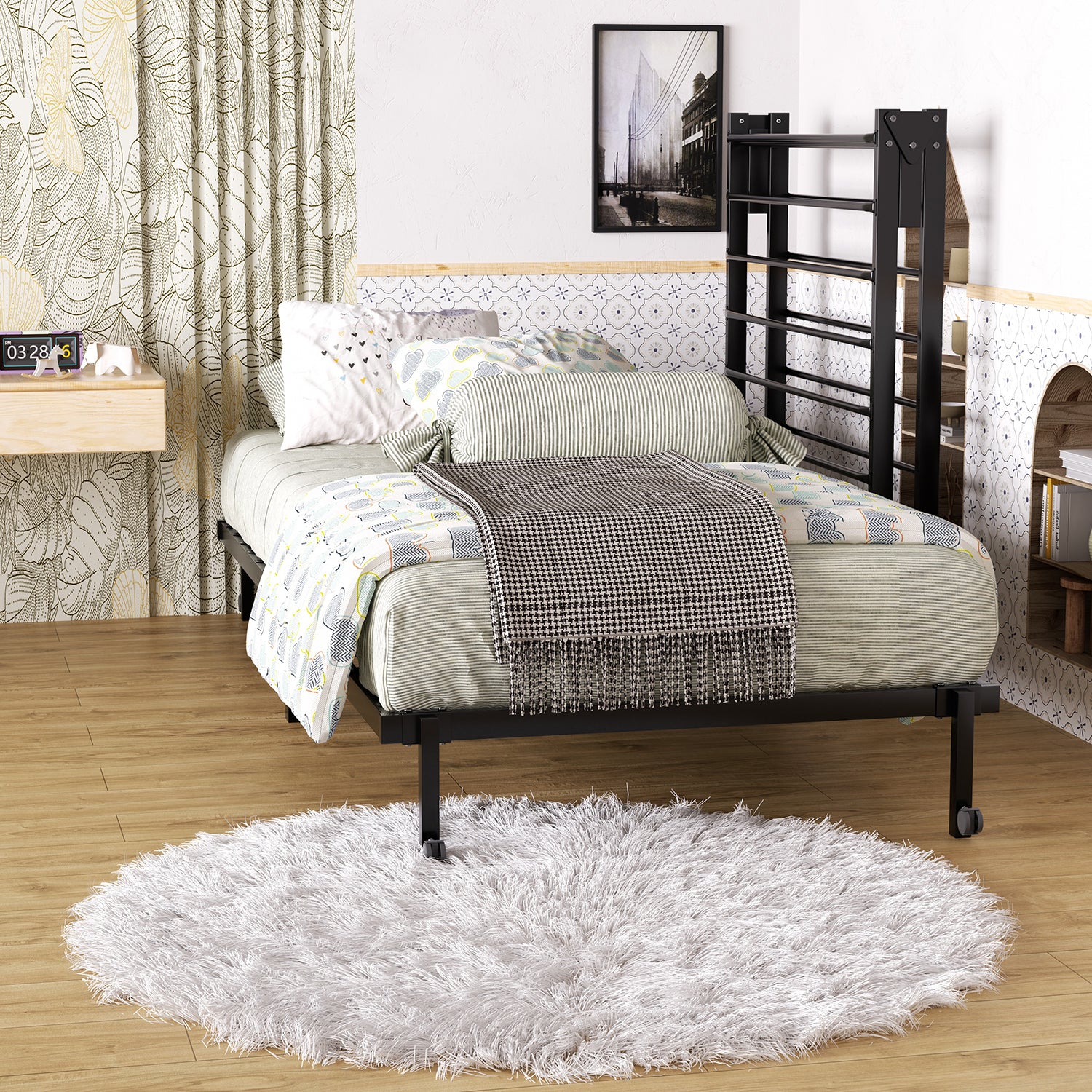 Estructura de Cama Individual Plegable y Movible sin Colchón, Ahorra Espacio Negro