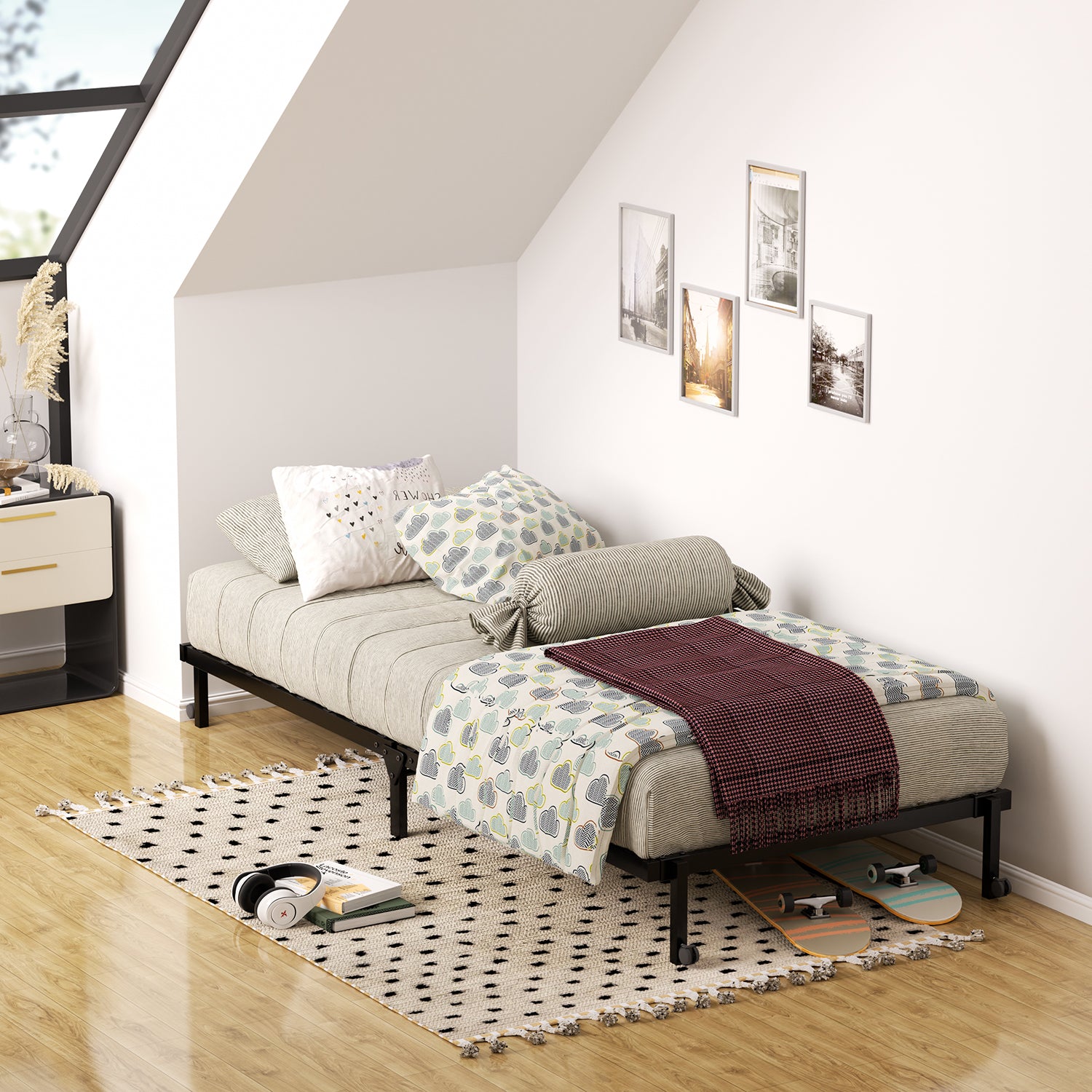 Estructura de Cama Individual Plegable y Movible sin Colchón, Ahorra Espacio Negro